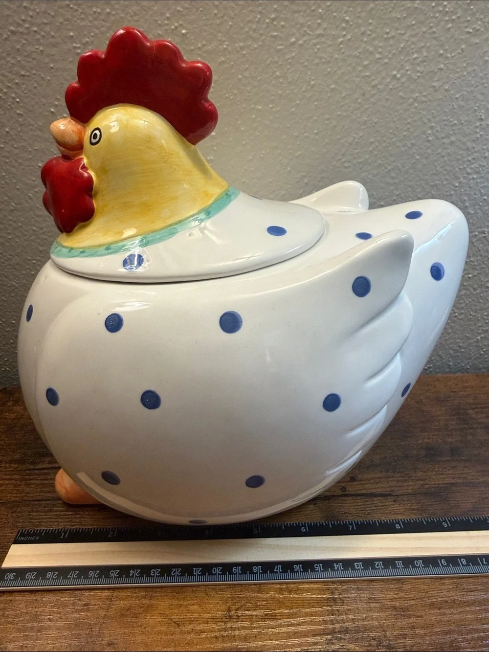 Coco Dowley Ceramic Chicken Cookie Jar Canister Blue Polka dots Kitchen Storage